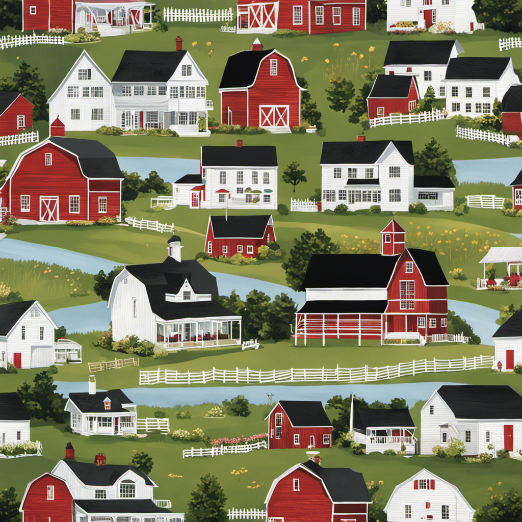 An image showcasing a serene lower Midwest landscape, adorned with ten picturesque farmhouses in various architectural styles