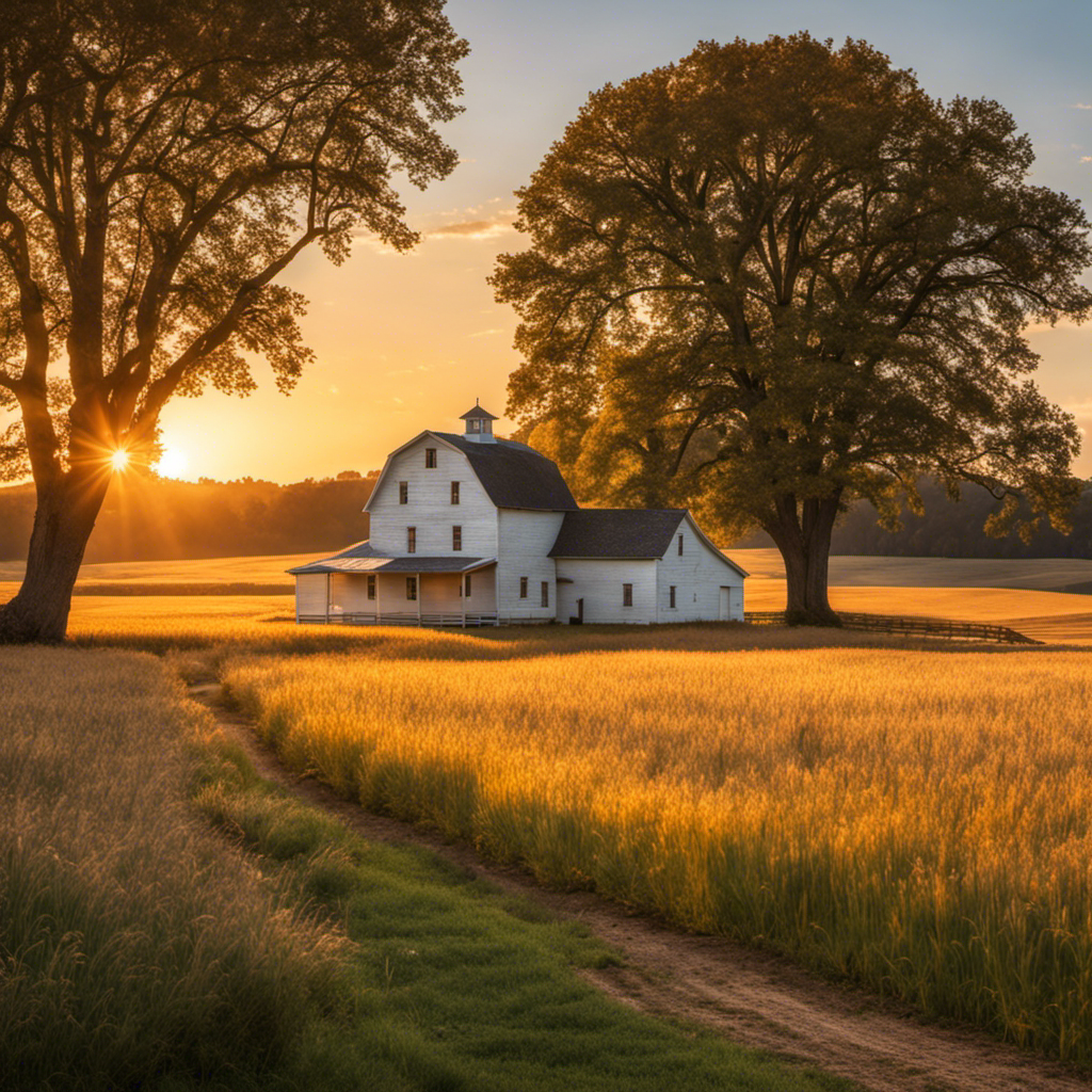the charm of the Midwest's historical farmhouses with a serene image of a sprawling white farmhouse nestled amidst golden fields