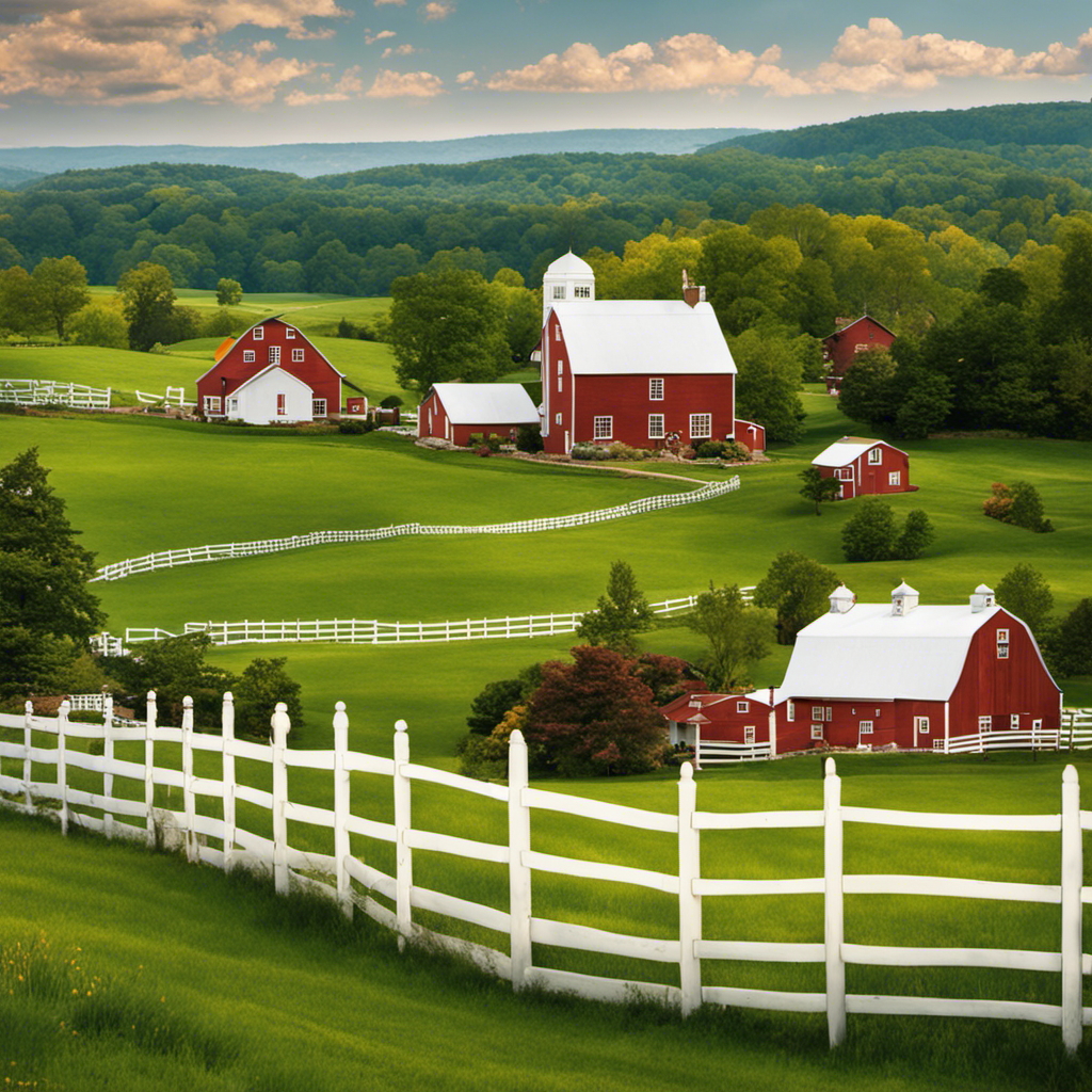 An image showcasing a picturesque mid-Atlantic countryside, featuring a row of charming 18th-century farmhouses nestled amongst rolling green hills, with white picket fences, red barns, and smoke gently rising from their chimneys