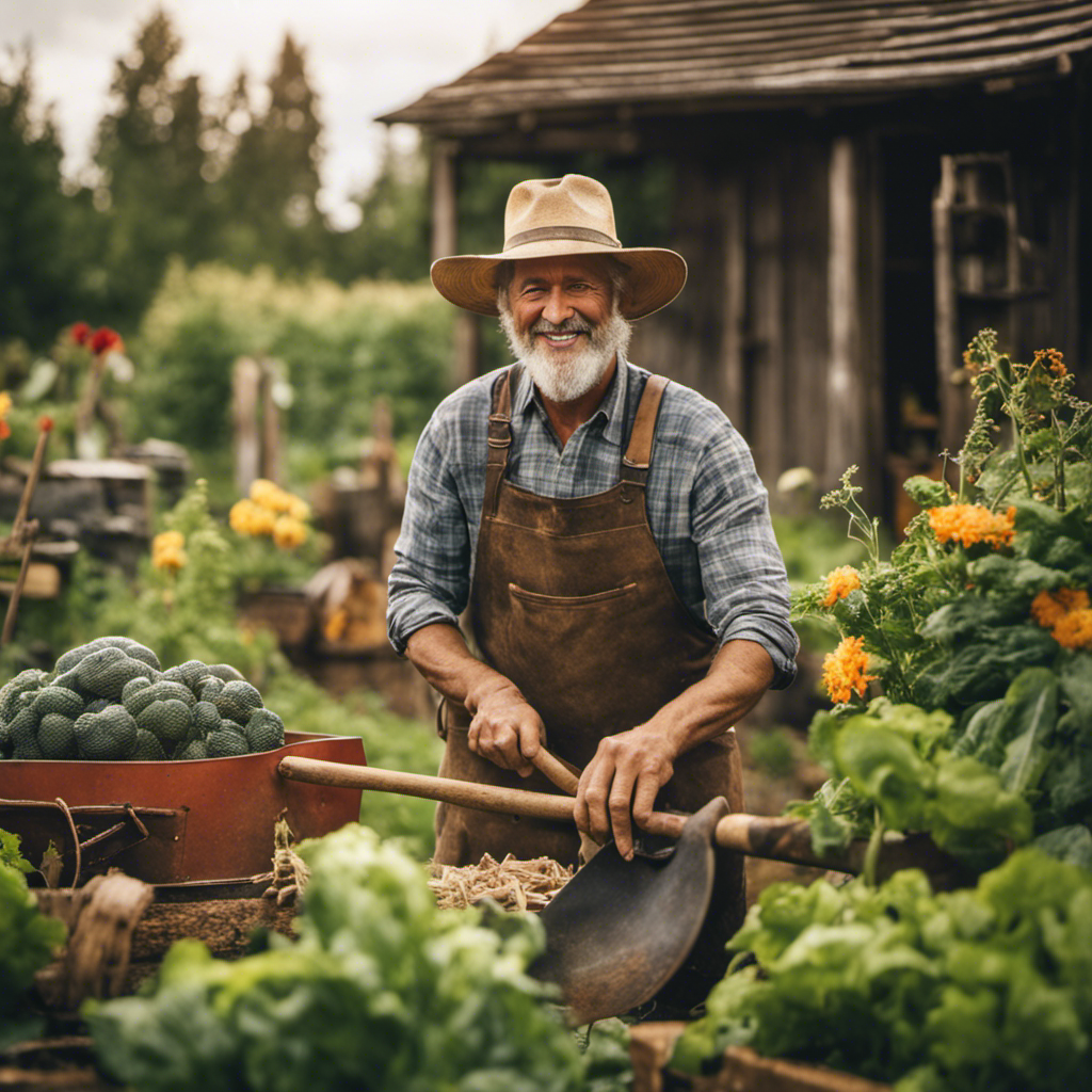 An image depicting a homesteader skillset: A weathered hand gripping a rustic, well-worn shovel, surrounded by a lush vegetable garden, a beehive buzzing with activity, a stack of firewood, and a smiling face reflecting satisfaction and self-sufficiency