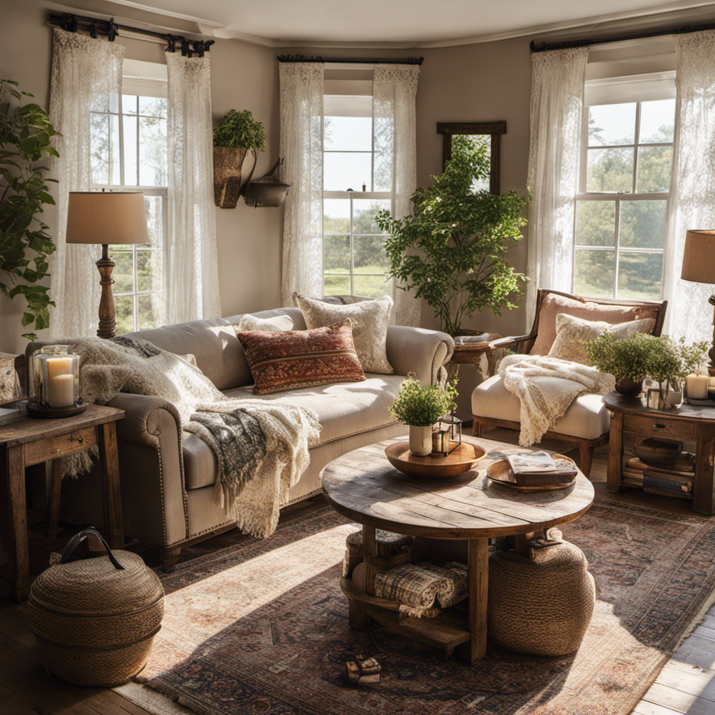 An image showcasing a cozy farmhouse living room with reclaimed wooden furniture, adorned with vintage-style throw pillows and a distressed coffee table