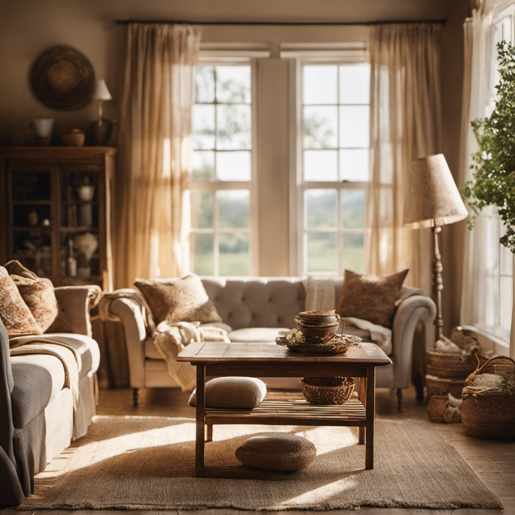 An image of a cozy farmhouse living room, adorned with distressed wooden furniture, vintage accessories, and soft, earth-toned textiles