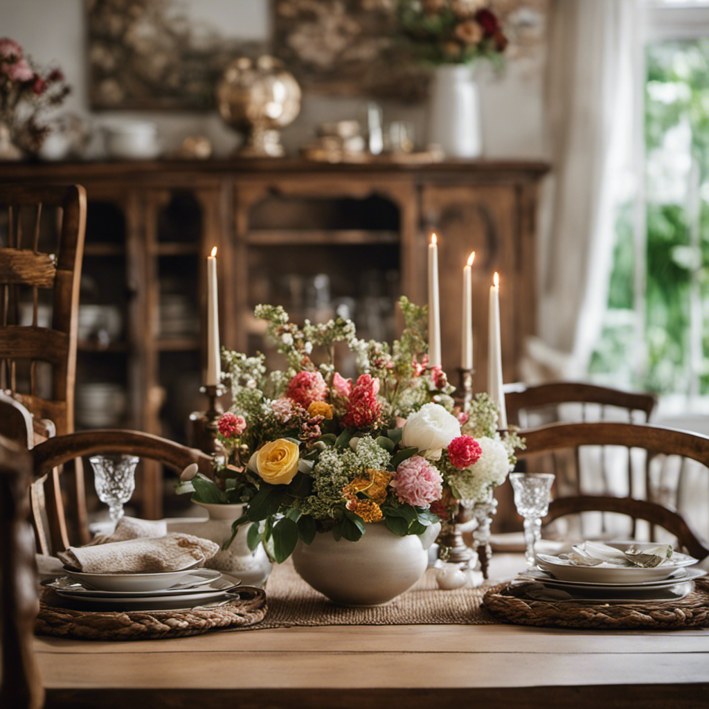 An image showcasing a rustic wooden dining table adorned with a bountiful centerpiece of fresh flowers, vintage candlesticks, and woven placemats