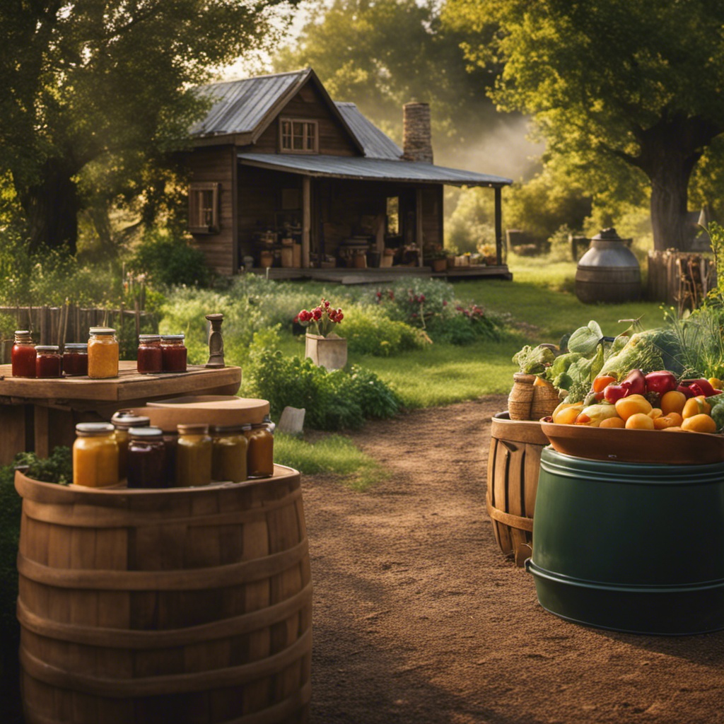 An image showcasing a serene homestead scene with a lush vegetable garden, a well-stocked pantry of homemade preserves, a wood-burning stove, a thriving beehive, and a skilled homesteader engaging in a traditional craft