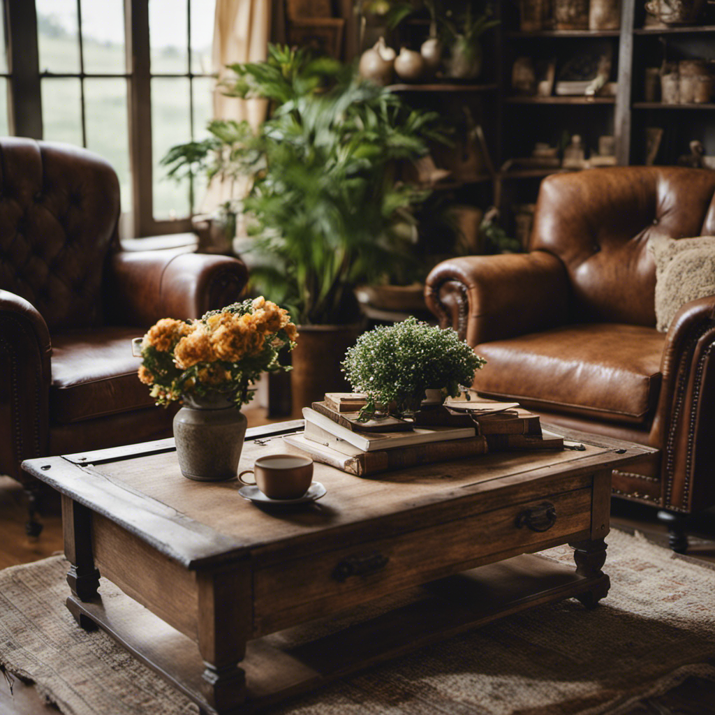 An image showcasing a cozy farmhouse living room, adorned with a weathered wooden coffee table, a distressed leather armchair, a vintage floral-patterned couch, and a rustic bookshelf filled with antique trinkets and potted plants