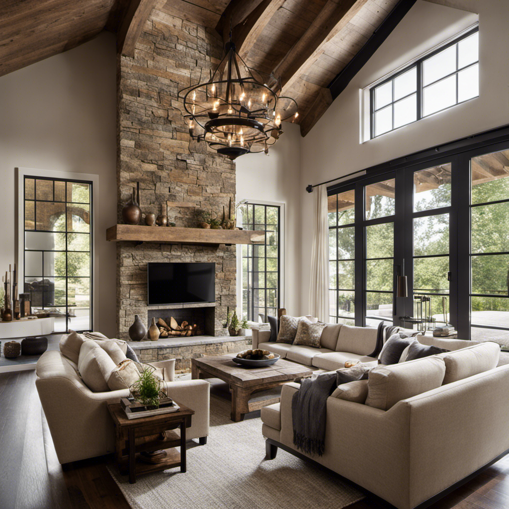 An image that showcases a living room with exposed wooden beams, a sleek sectional sofa with plush neutral pillows, a reclaimed wood coffee table, a contemporary chandelier, and hints of rustic charm through decorative accents