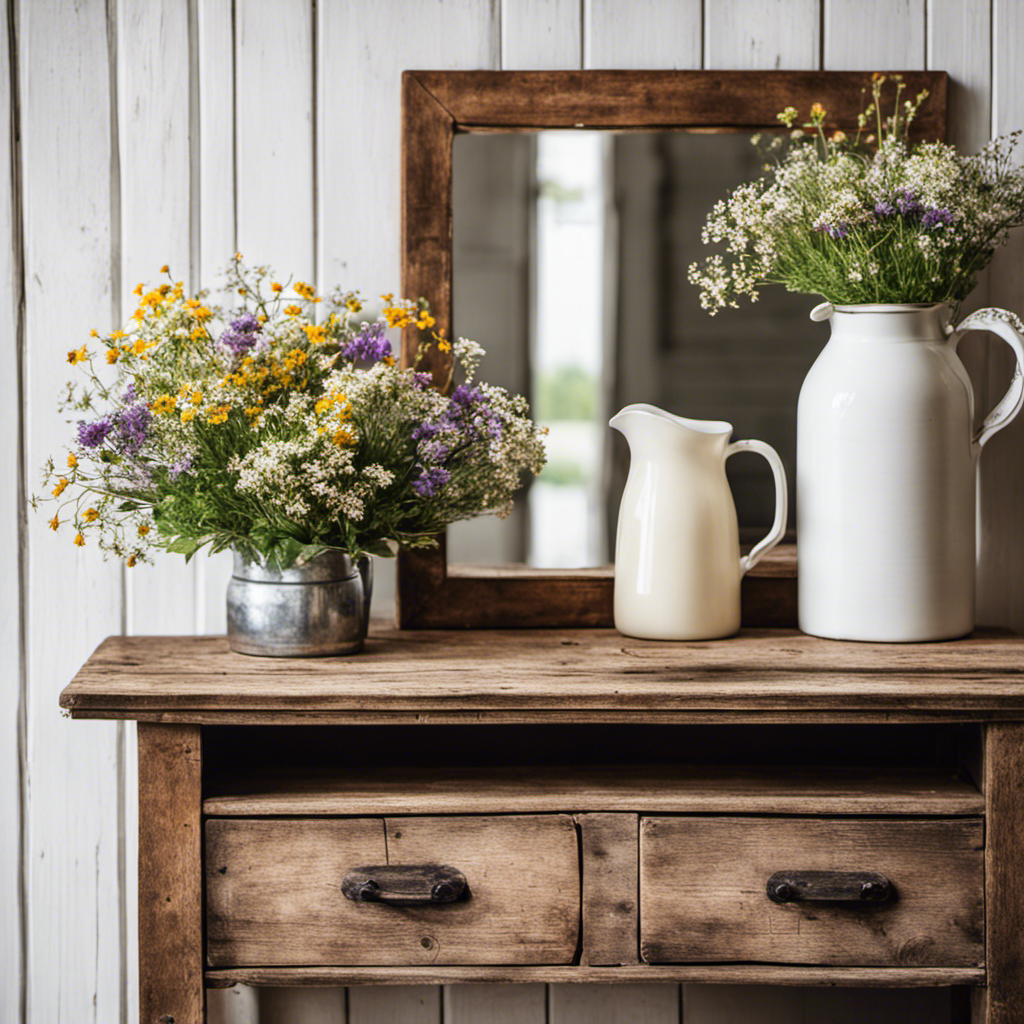 An image showcasing a rustic wooden console table adorned with a vintage milk jug vase filled with freshly picked wildflowers, flanked by a distressed white shiplap wall and an antique farmhouse mirror above
