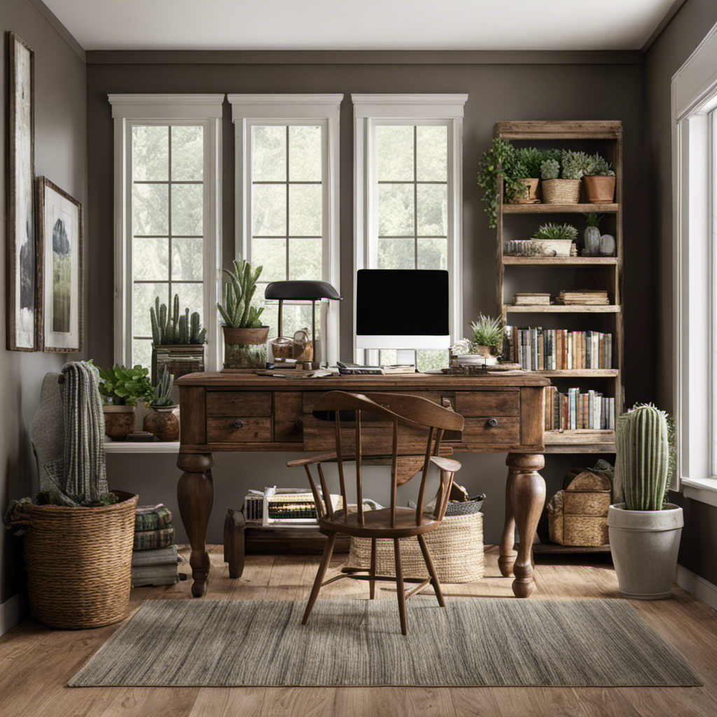 An image showcasing a rustic farmhouse office with a reclaimed wood desk adorned with vintage accessories, a distressed white bookshelf displaying succulents and antique typewriters, and a cozy reading nook with a plaid armchair and a woven throw blanket