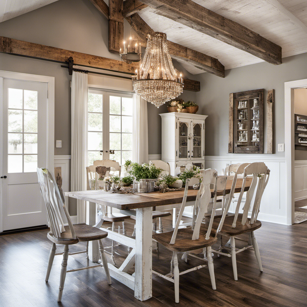 An image showcasing a rustic farmhouse dining table with a distressed white finish, adorned with reclaimed wood accents