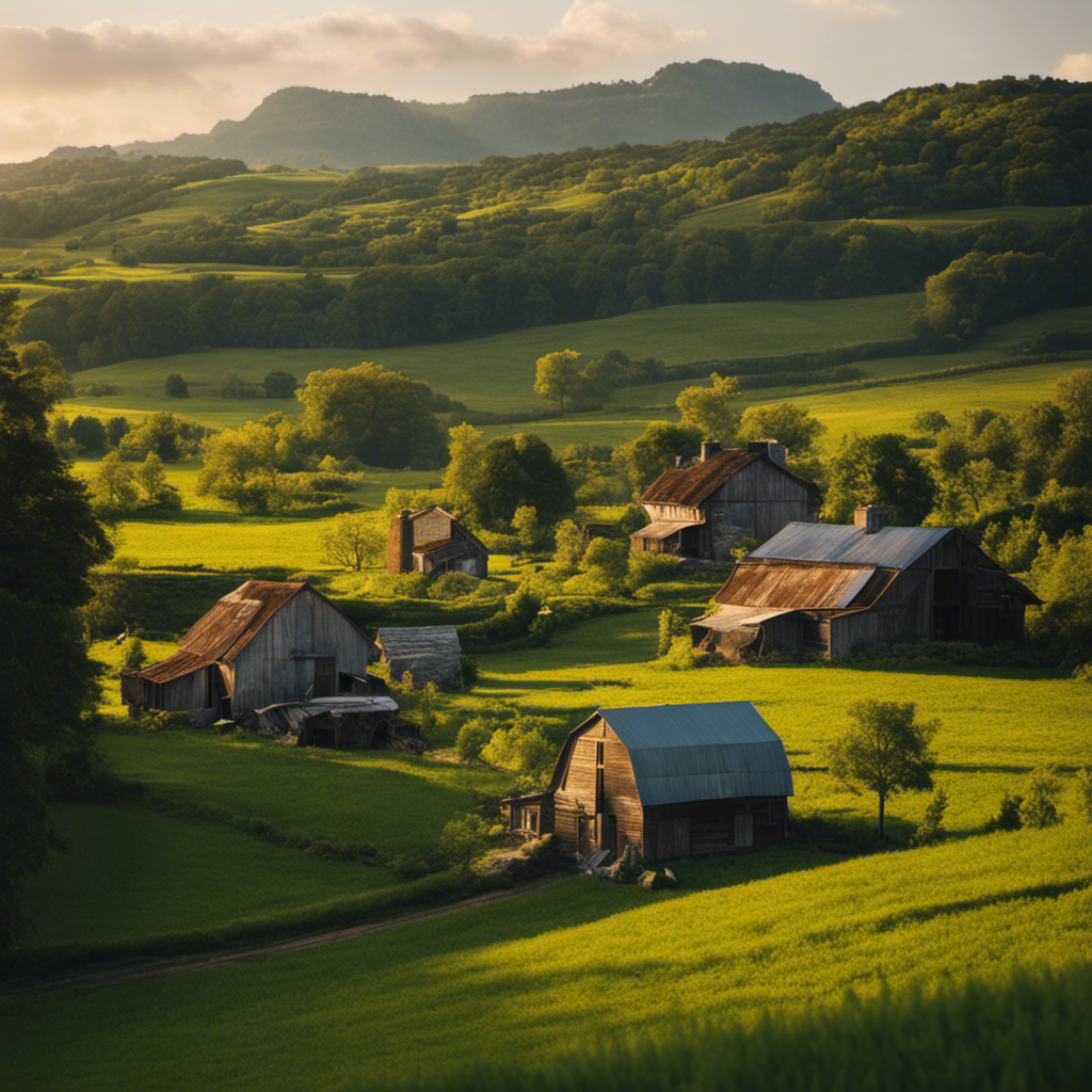An image that captures the contrast between a lush, self-sustaining homestead nestled in a serene rural landscape and a bustling cityscape filled with high-rise buildings, signifying the financial relief and challenges offered by rural living and homesteading