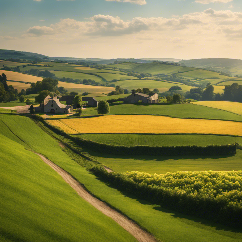 An image showcasing a panoramic view of a peaceful rural landscape, bathed in warm sunlight