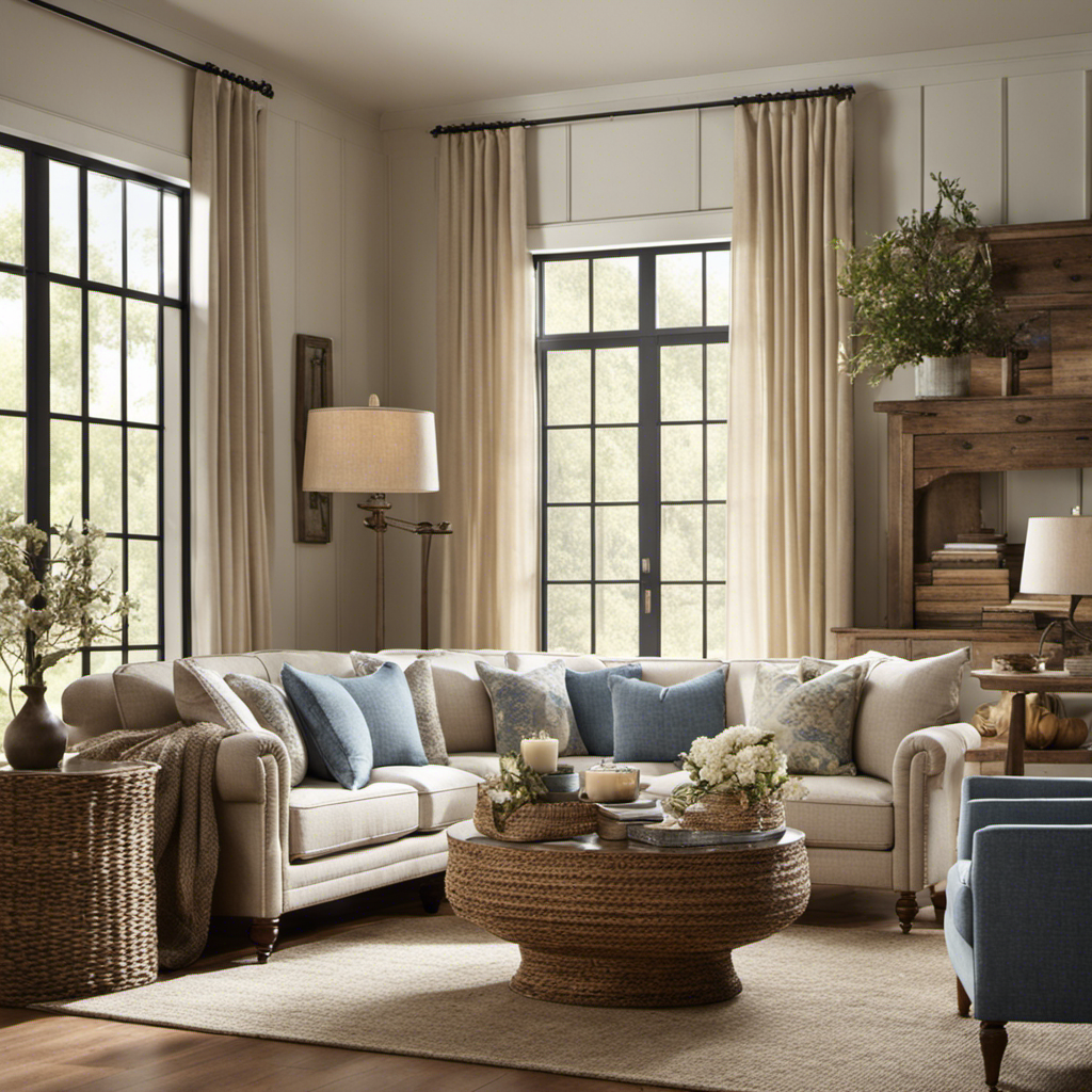 An image showcasing a cozy farmhouse living room with a rustic linen sofa adorned with textured cotton throw pillows, complemented by a burlap window treatment and a faded denim accent chair