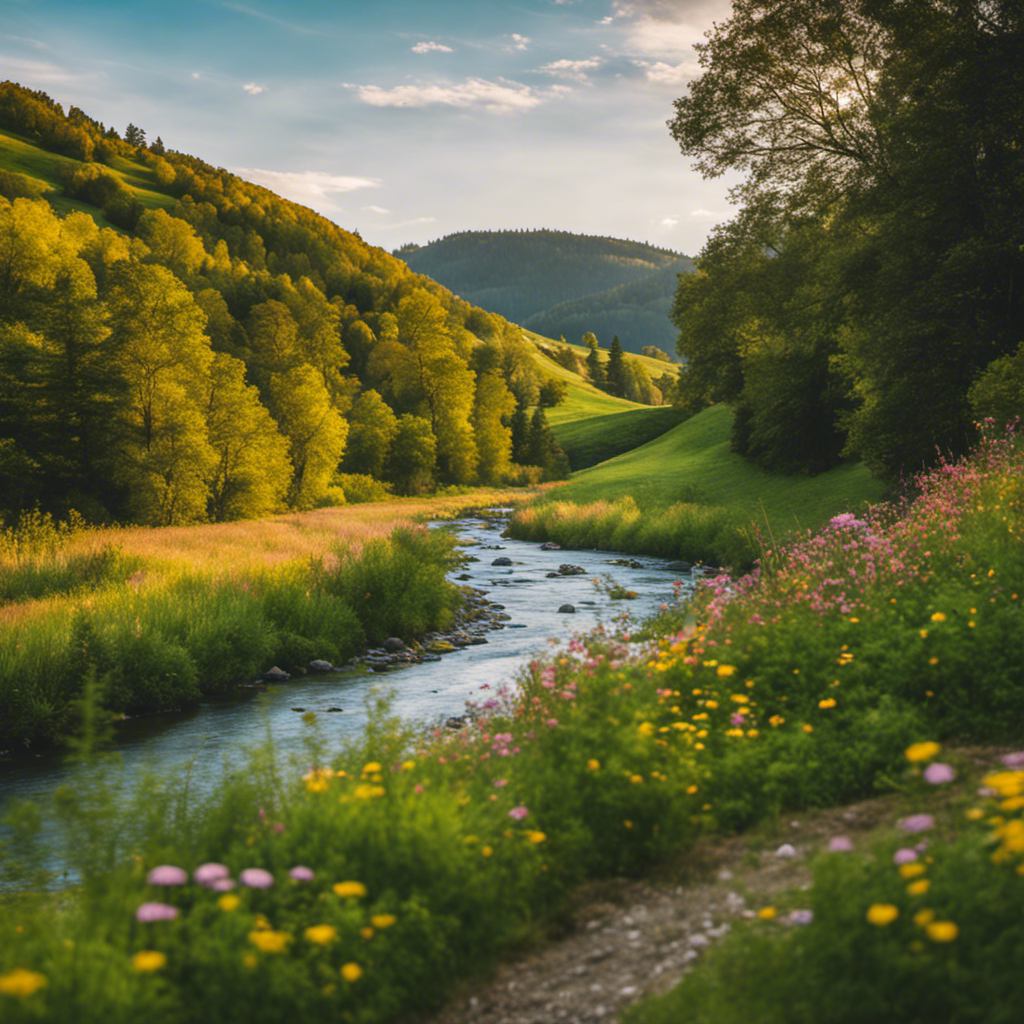 An image showcasing a serene countryside landscape with rolling green hills, a crystal-clear river meandering through lush forests, and a quaint farmhouse nestled amidst colorful wildflowers