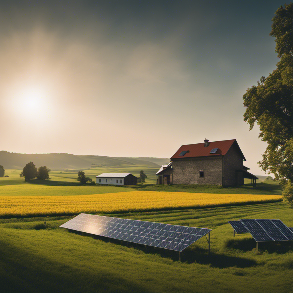 An image showcasing a picturesque rural landscape with a traditional farmhouse in the foreground, juxtaposed with the presence of modern technology like solar panels, automated farm equipment, and high-speed internet connectivity
