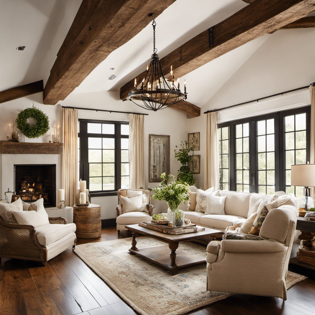 An image showcasing a cozy farmhouse living room bathed in warm, soft light from a rustic chandelier