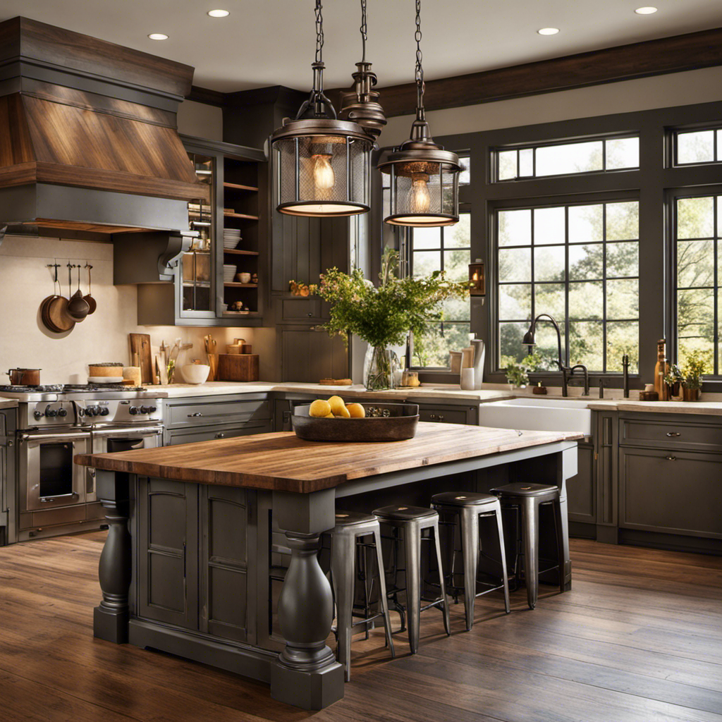 An image showcasing a cozy farmhouse kitchen bathed in warm, soft light from a rustic pendant light fixture