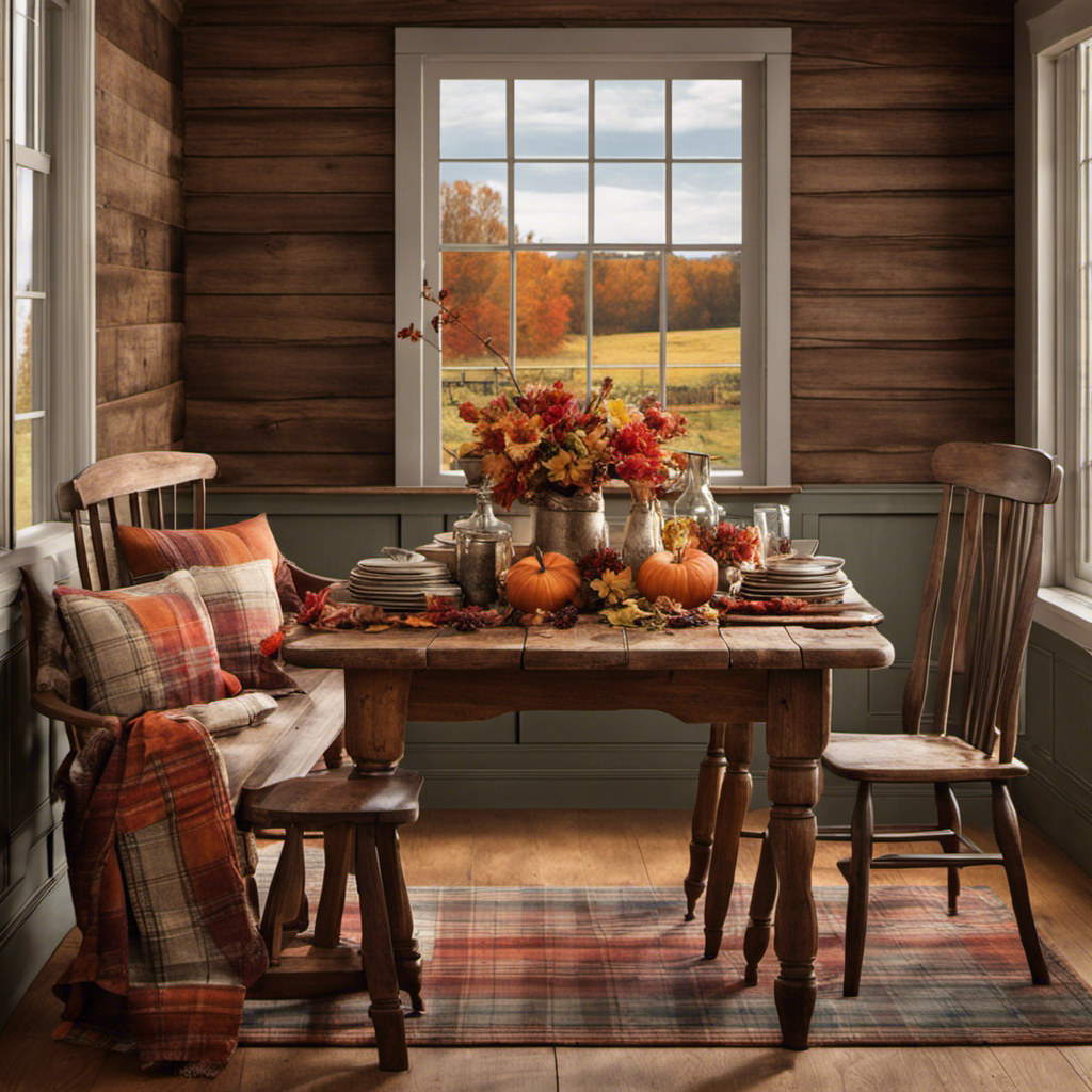 An image showcasing a charming farmhouse interior where rustic autumn hues mingle with cozy plaid blankets draped over vintage furniture, while a delicate floral arrangement adorns a weathered wooden dining table