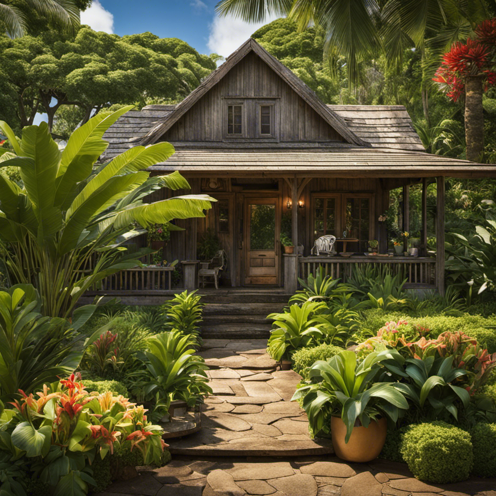 An image showcasing the rustic charm of a historic farmhouse in Hawaii, with its weathered wooden exterior surrounded by lush tropical gardens, a thatched roof, and a welcoming porch adorned with antique rocking chairs