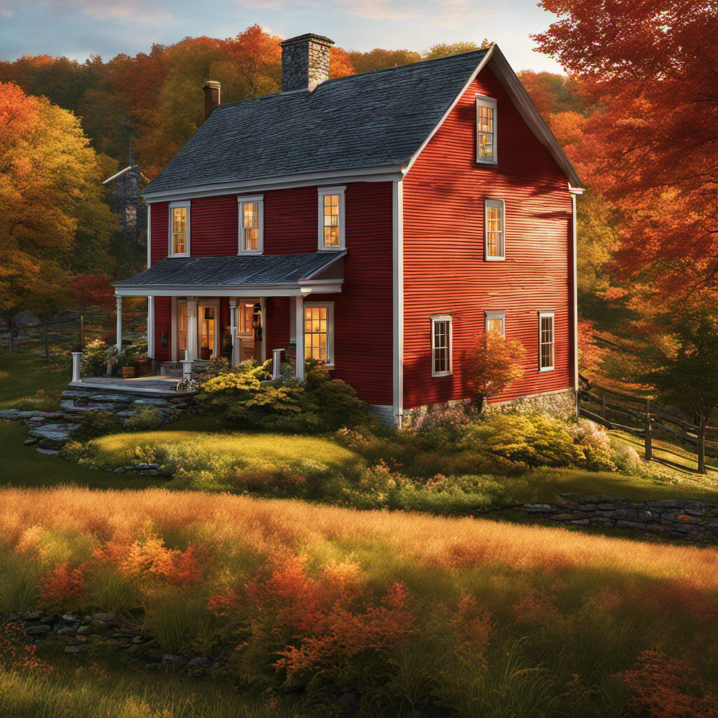 An image showcasing a picturesque New England landscape, with a charming 18th-century farmhouse nestled amidst rolling hills