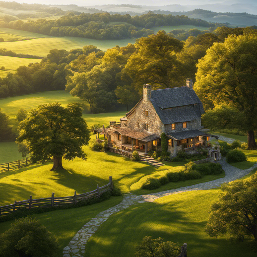 An image showcasing a picturesque historical farmhouse surrounded by lush green fields, with a winding cobblestone path leading up to the entrance