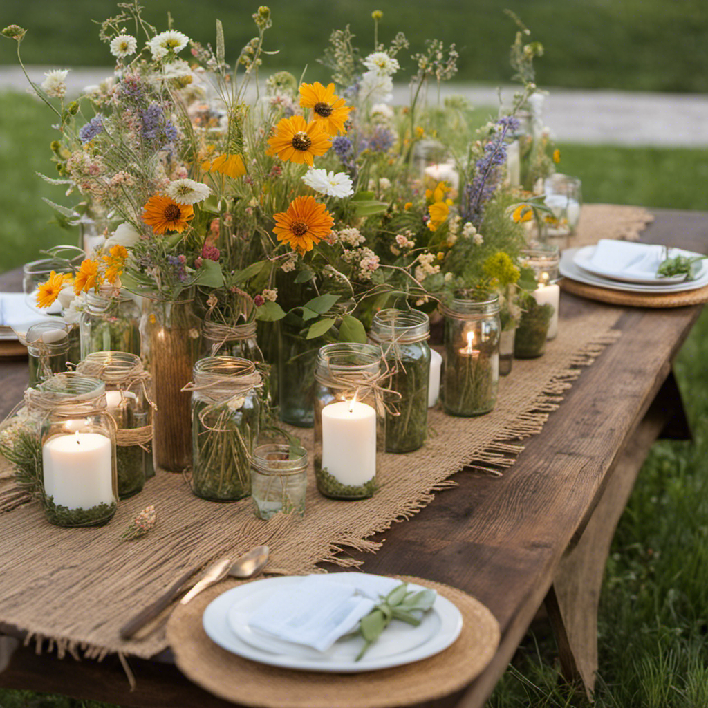 An image featuring a rustic wooden table adorned with a handwoven, botanical-inspired table runner