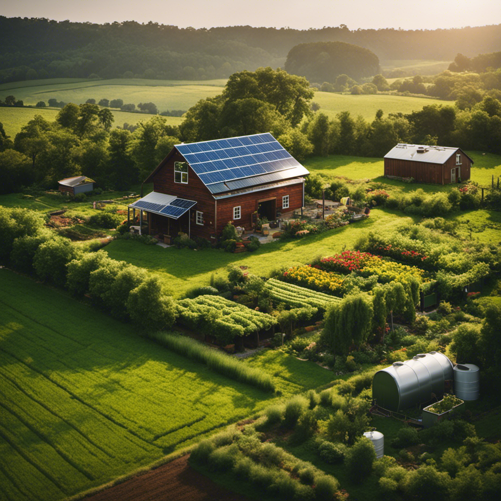 An image featuring a cozy farmhouse nestled amidst lush green fields, showcasing a flourishing vegetable garden, solar panels on the roof, rainwater barrels, and a clothesline with sustainable home essentials, evoking a thrifty and self-sufficient homestead budget