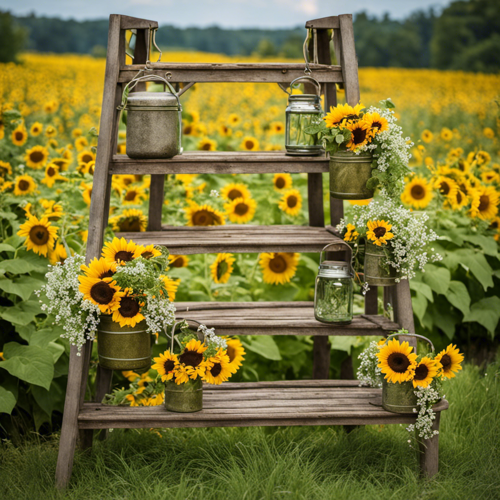 An image showcasing a weathered wooden ladder adorned with cascading ivy, hanging mason jars filled with delicate wildflowers, and vintage metal buckets overflowing with freshly picked sunflowers, evoking rustic charm and farmhouse elegance