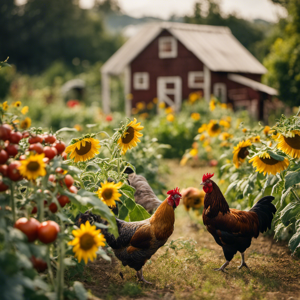 An image of a flourishing homestead, featuring a bountiful vegetable garden with vibrant heirloom tomatoes, towering sunflowers, and a picturesque chicken coop surrounded by free-range hens and a contented goat grazing in a lush pasture