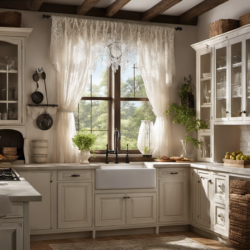An image featuring a cozy farmhouse kitchen with sunlight filtering through delicate, white, sheer curtains