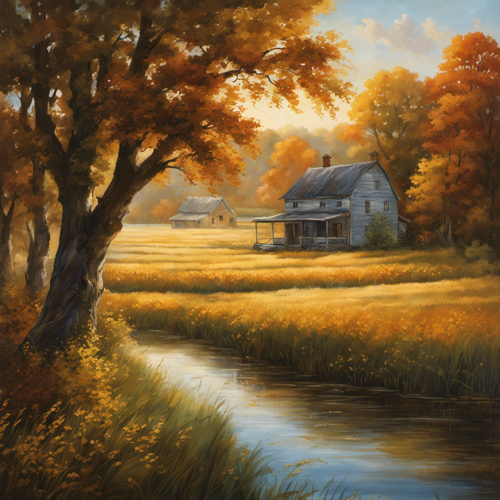 An image that captures the ethereal aura of the Midwest countryside, featuring a dilapidated yet enchanting historic farmhouse nestled amidst sprawling golden wheat fields, surrounded by a whispering forest and a tranquil river
