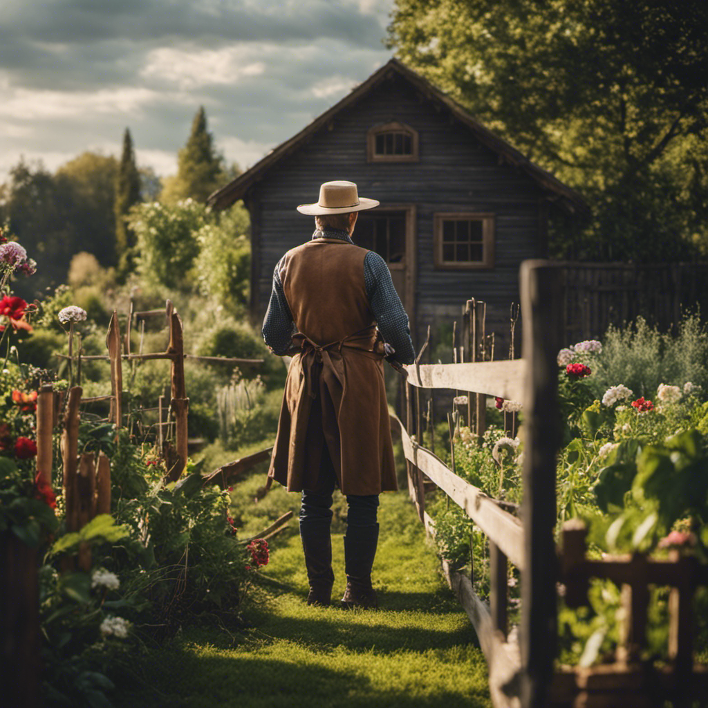 An image showcasing a homesteader standing triumphantly beside their thriving garden, surrounded by a picturesque wooden fence