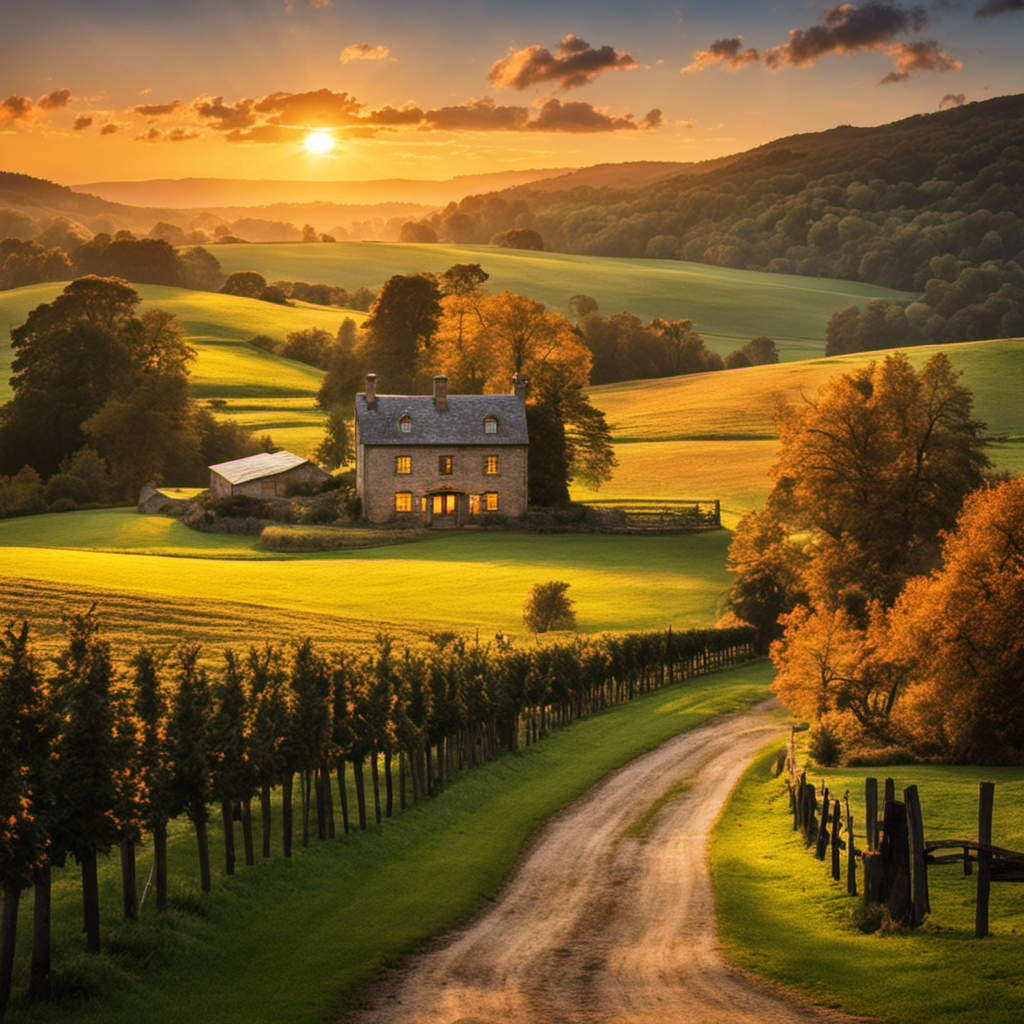 An image that showcases a lush, rolling countryside landscape with a winding dirt road leading to a collection of impeccably preserved historic farmhouses