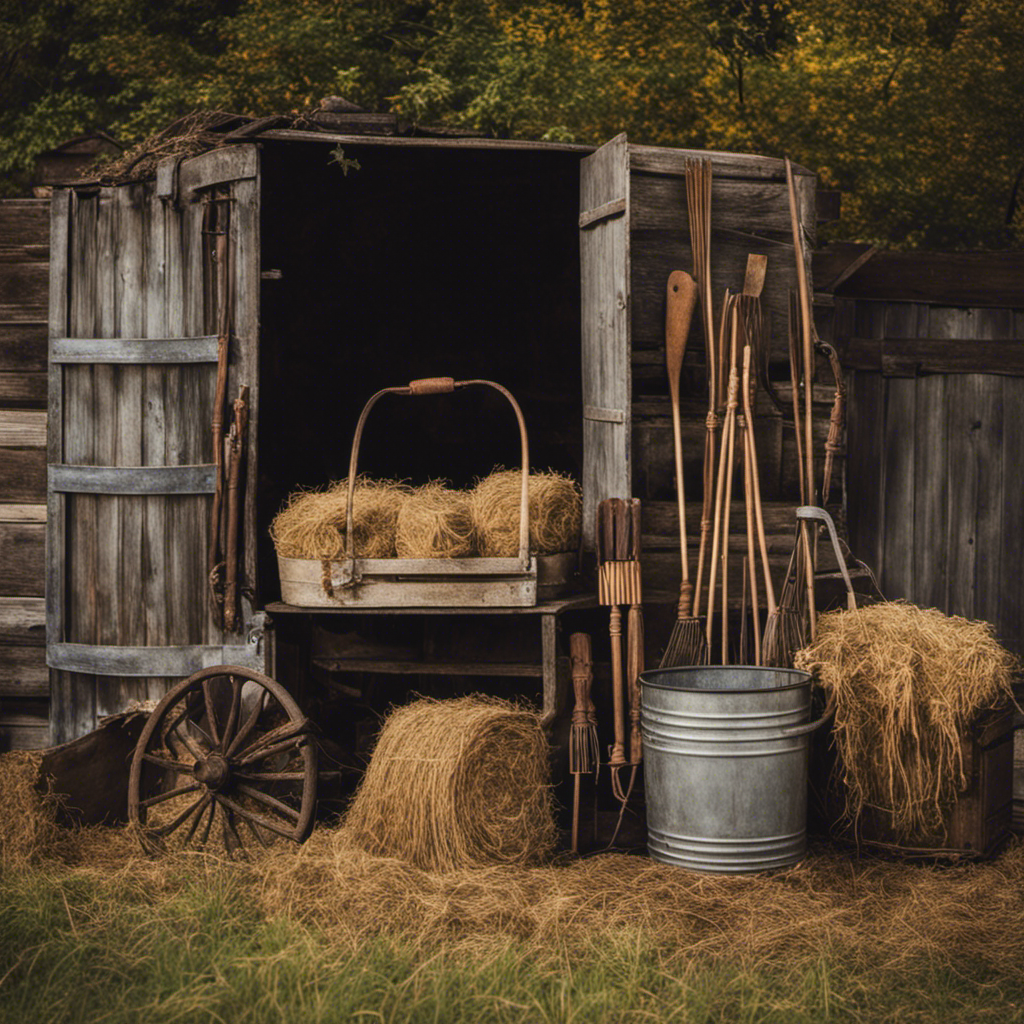 An image showcasing the rustic charm of repurposed farm tools like pitchforks, hay rakes, wooden crates, galvanized buckets, milk cans, and grain sacks