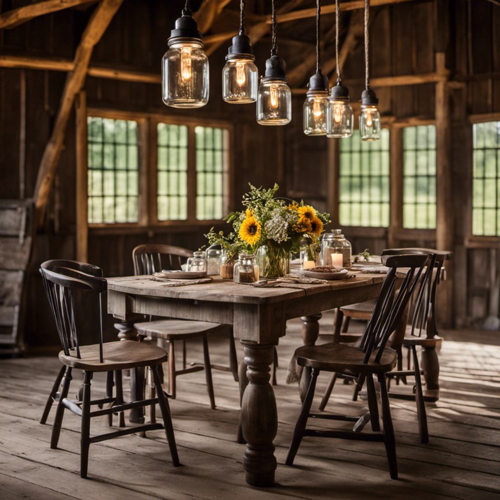 An image capturing the essence of reinventing rustic: a weathered wooden dining table adorned with repurposed mason jar pendant lights, surrounded by mismatched vintage chairs, all set against a backdrop of a charming barn