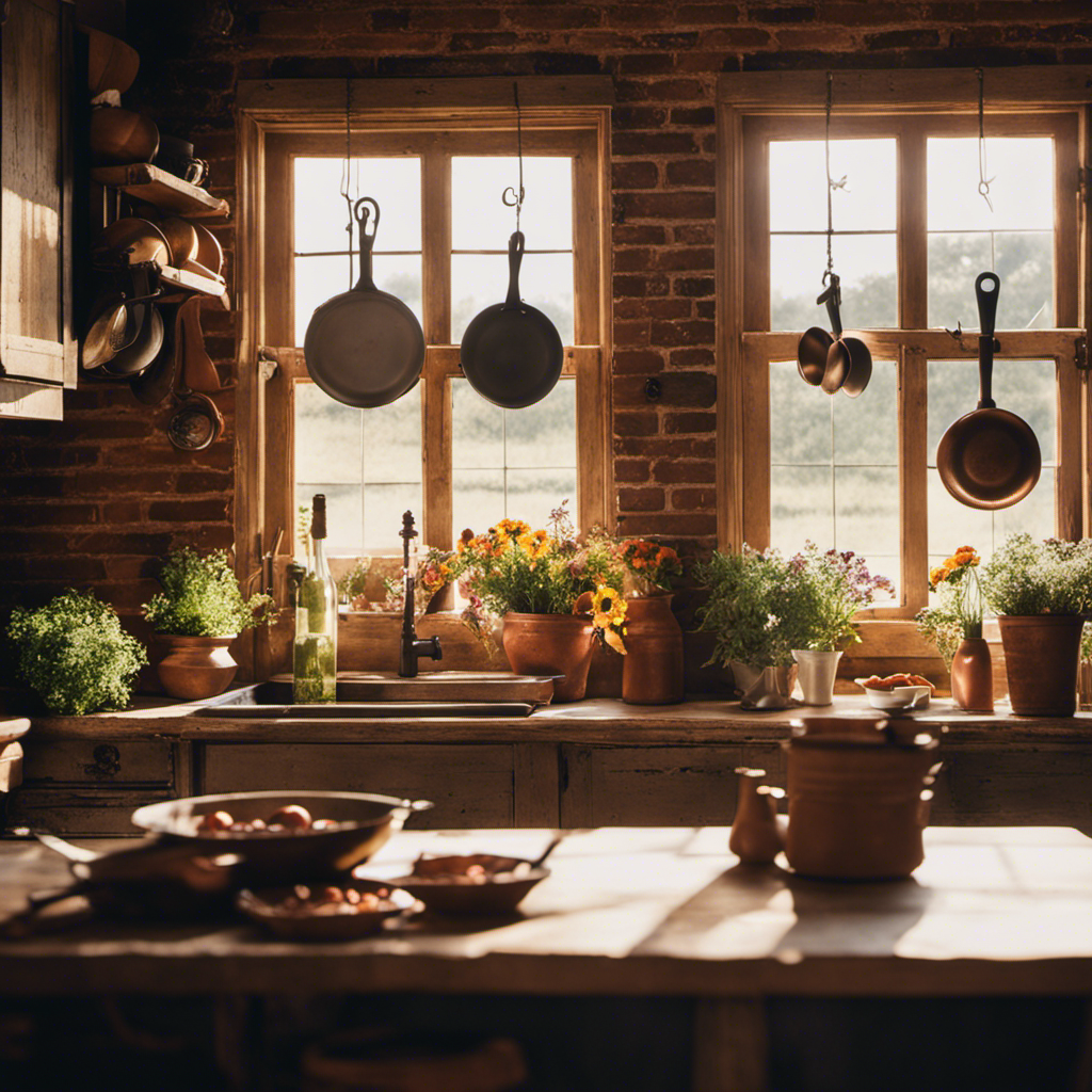 An image showcasing a charming farmhouse kitchen with distressed wooden cabinetry, exposed brick walls, and vintage copper cookware hanging on hooks