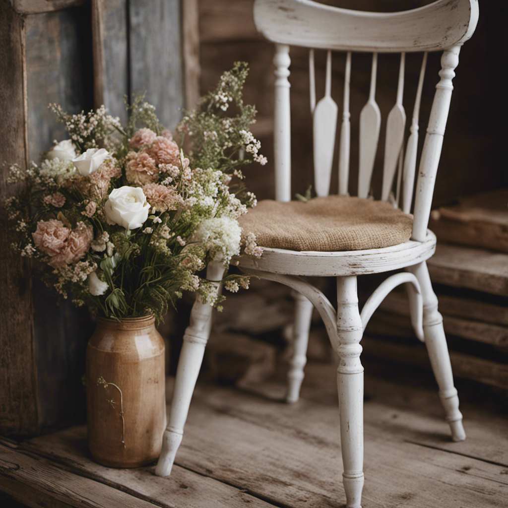 An image showcasing a worn-out wooden chair transformed into a charming farmhouse-style masterpiece