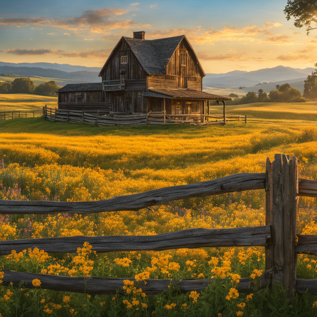 An image showcasing an expansive, golden-hued field, framed by a weathered wooden fence, with a picturesque farmhouse nestled amidst rolling hills and surrounded by vibrant wildflowers, evoking nostalgia and the allure of the West's top 10 historic farmhouses