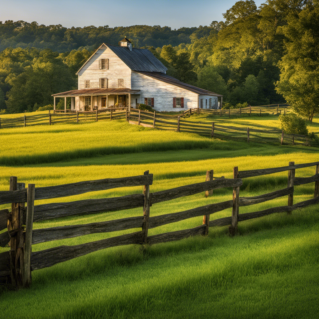 the essence of North Carolina's rich agricultural heritage with an image showcasing a sprawling, weathered farmhouse nestled amidst rolling green hills