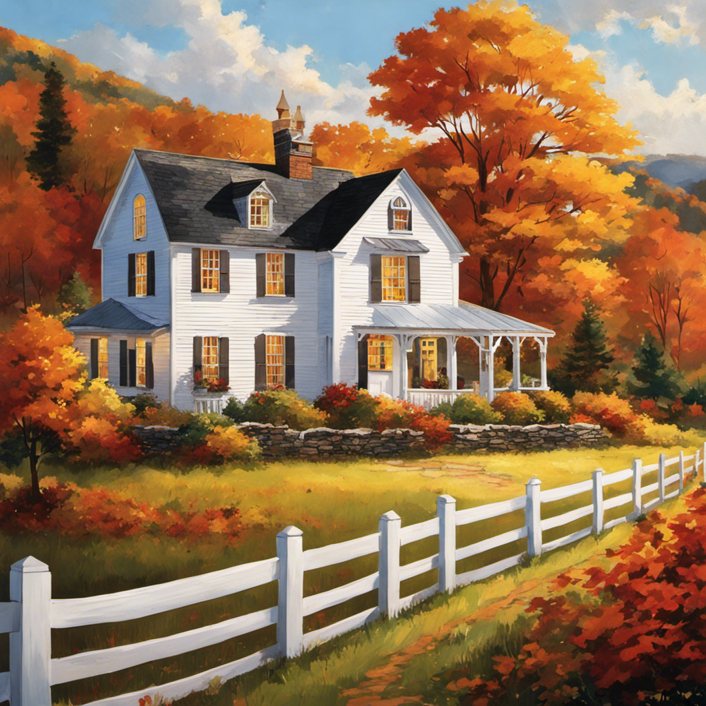 An image of a charming, weathered 18th-century farmhouse nestled amidst rolling hills and surrounded by vibrant autumn foliage