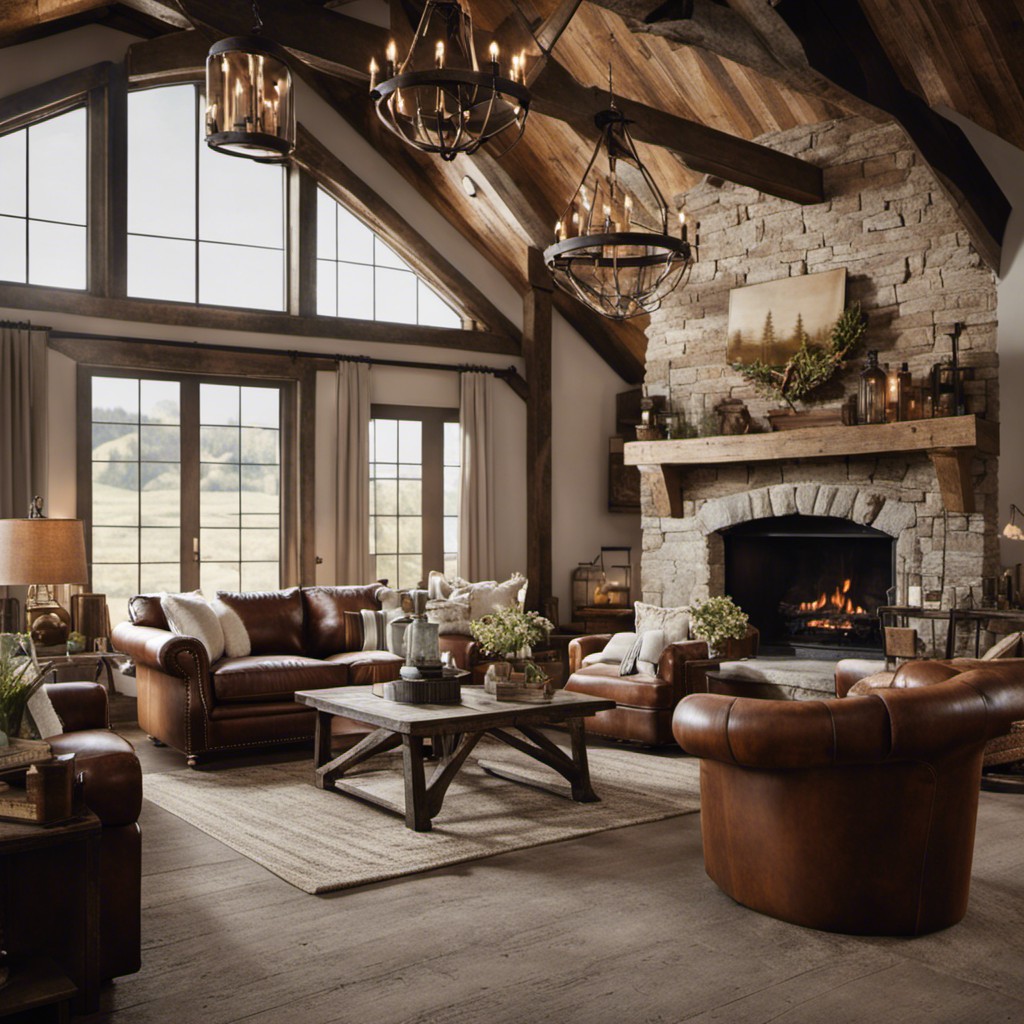 A captivating image showcasing the essence of rustic farmhouse decor: a cozy living room adorned with weathered wooden beams, vintage mason jar chandeliers, distressed leather armchairs, a stone fireplace, and a reclaimed barn door as the focal point