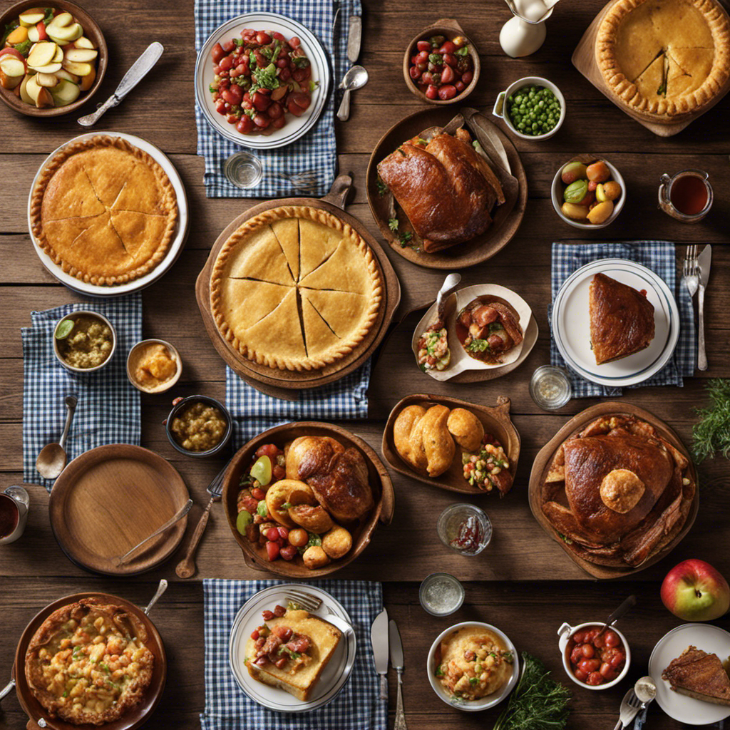 An image showcasing a wooden table adorned with a checkered tablecloth, displaying a spread of mouthwatering dishes like hearty pot roast, creamy cornbread, apple pie, and other delectable Midwest farmhouse recipes