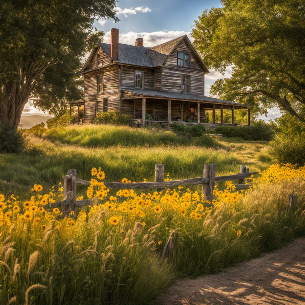 An image of a sun-drenched, weathered farmhouse nestled amidst golden fields of swaying wheat