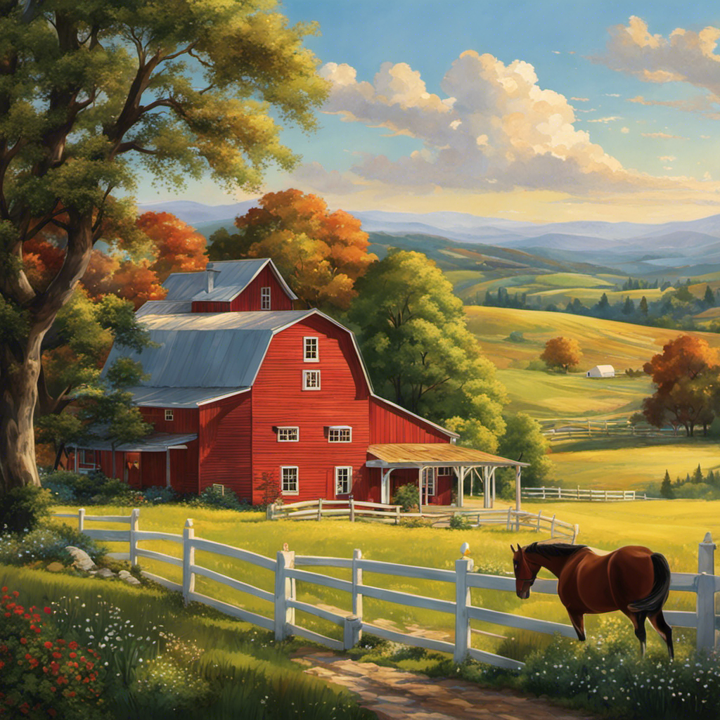 An image capturing the serene beauty of a sun-kissed farmhouse nestled amidst rolling green hills