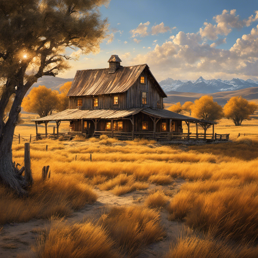 the essence of the Wild West's rustic charm by showcasing an alluring image of a weathered, sun-kissed farmhouse, nestled amidst rolling golden fields, surrounded by endless stretches of untamed wilderness