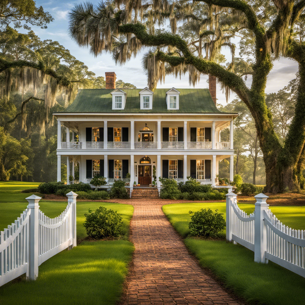 An image depicting a serene South Carolina landscape, showcasing 10 hidden historic farmhouses