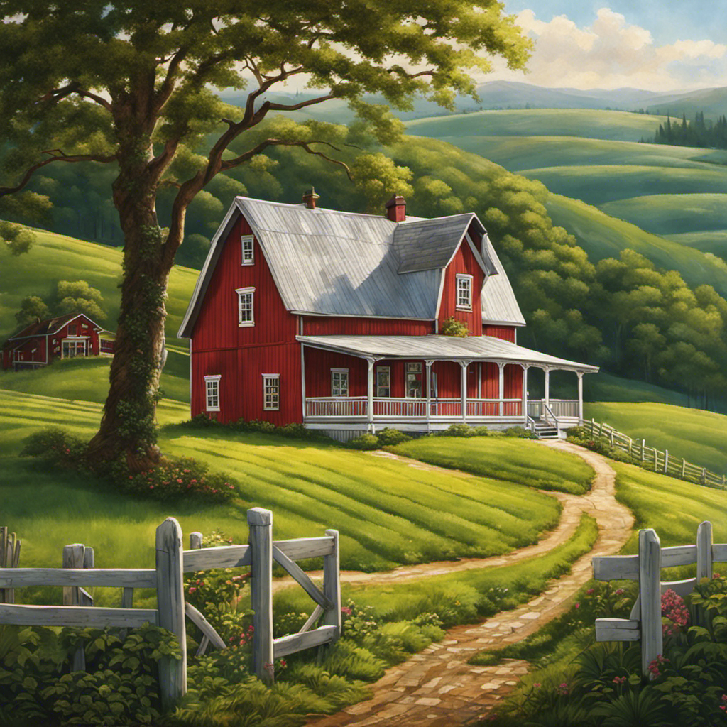 An image that showcases a charming, weathered red farmhouse nestled amidst rolling green hills, with a white picket fence, a rustic barn in the background, and a winding dirt path leading to the front porch