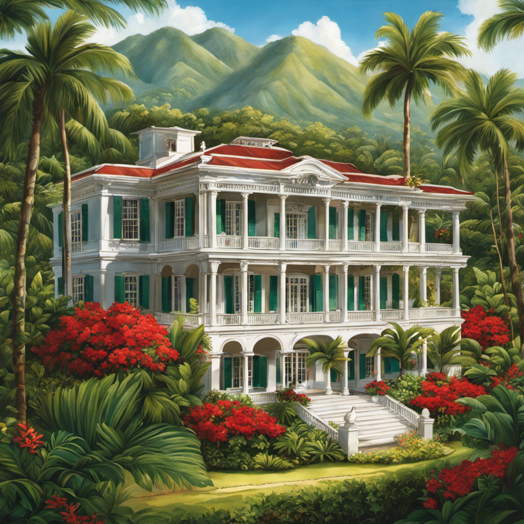 An image depicting a lush tropical garden surrounding a grand colonial-style mansion with wrap-around verandas, adorned with ornate wooden shutters, gleaming white pillars, and vibrant red roofs, capturing the enchanting allure of Hawaii's top 10 historic plantation homes