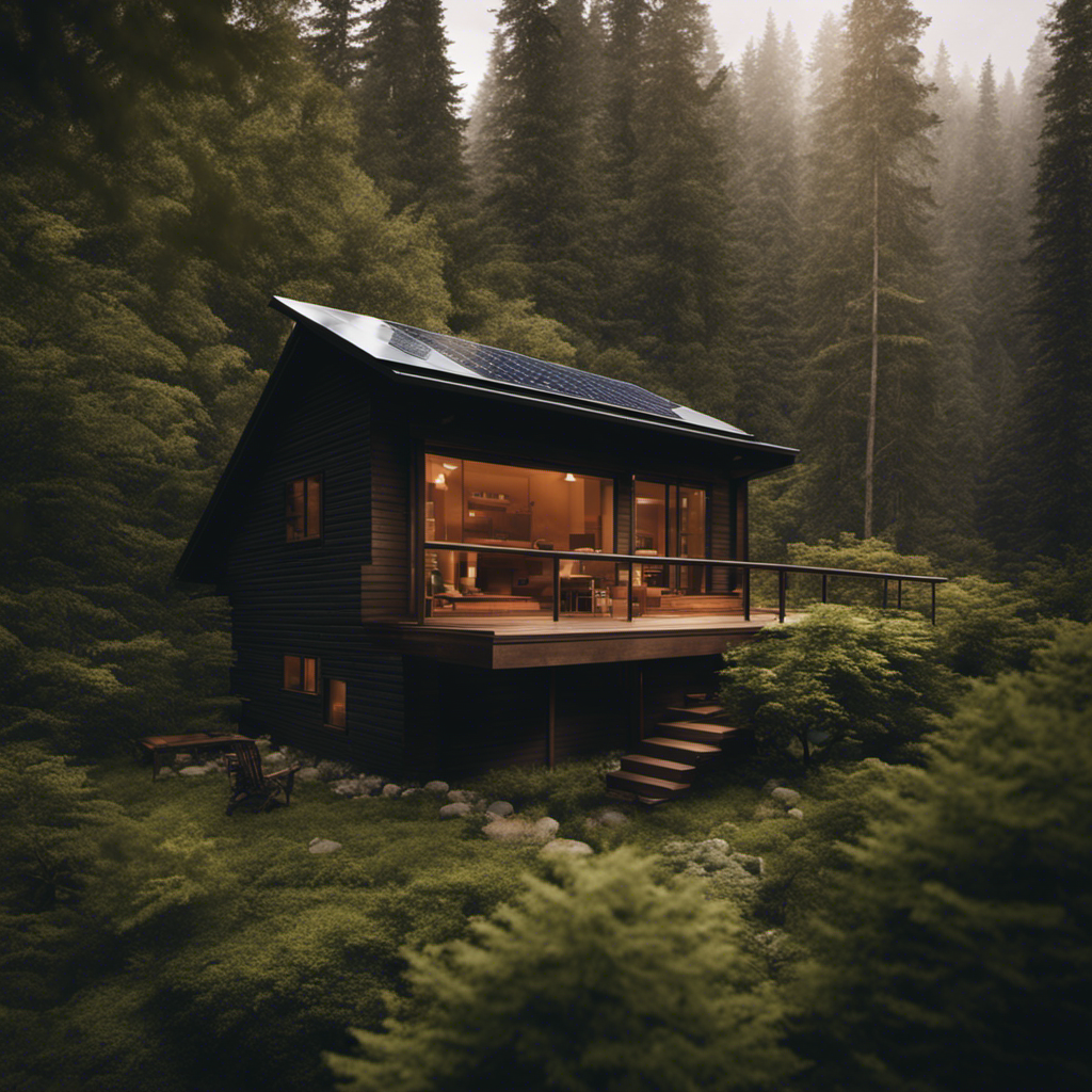 An image showcasing a serene cabin nestled in a dense forest, surrounded by lush greenery