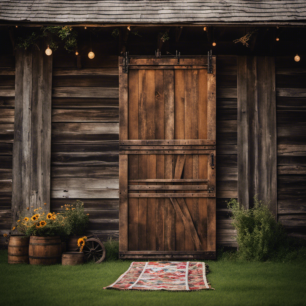 An image showcasing a rustic, weathered barn door adorned with wrought iron hardware, paired with a distressed wooden ladder draped with a vintage quilt, evoking a timeless charm that epitomizes farmhouse decor