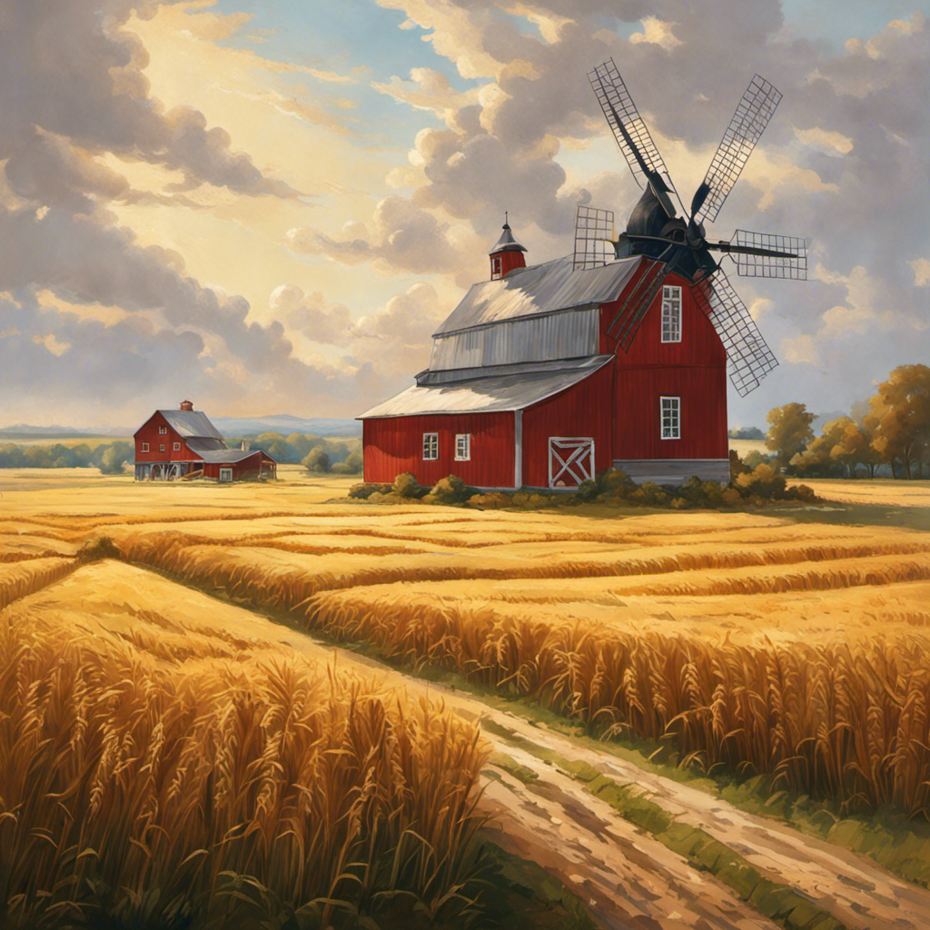 E countryside scene with a sprawling, red-brick farmhouse surrounded by golden fields of wheat, a white picket fence, a rustic barn, and a windmill gently spinning in the background